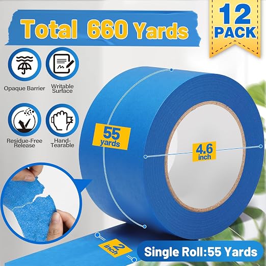 Aheroi 12 Rolls Painters Tape 2 inch Wide, Blue Painters Tape(2in x 55Yds), Multi-Surface Masking Tape for Walls Painting, No Residue Wide Painter Tape for Packing Labeling DIY Crafts,Home Improvement