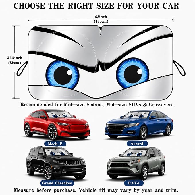 Car Windshield Sun Shade, Funny Eyes Foldable Front Window Sunshade, UV Heat Protection Windshield Cover Universal Fits Crossover Mid-Large Sedan SUV Family Vehicle - 63 x 31.5
