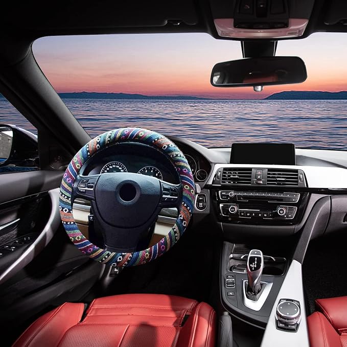 Valleycomfy Boho Steering Wheel Covers for Women Cloth Bohemian Universal 15 inch Baja Blanket Enthic