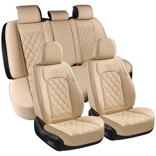 Coverado Car Seat Covers Full Set, 5 Seat Universal Seat Covers for Cars, Luxury Faux Leather Waterproof Seat Cover, Front and Back Car Seat Protector, Auto Seat Cover Fit for Most Vehicles, Beige