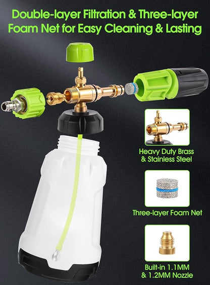 Foam Cannon for Pressure Washer (Wide Mouth), Stainless Steel Filter Thick Snow Car Wash Foam Gun, Adjustable Soap Cannon with 1/4“ Quick Connector, Additional 1.1mm Orifice Nozzle, 1L HDPE Bottle