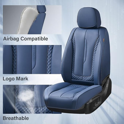 Coverado Car Seat Cover Full Set, Blue Seat Covers Front Seats Back Seat Covers, Nappa Leather Waterproof, Car Seat Cushion, Car Seat Protector Universal Fit Most Cars
