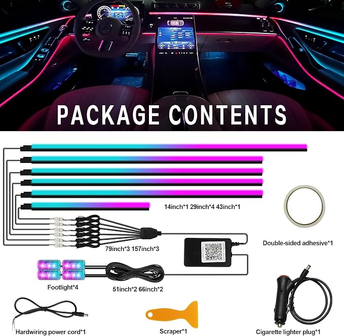 Dreamcolor Acrylic Interior Car Light 10 in 1 Automotive Ambient Light Kits with APP Control 16 Million Color 175 inches Fiber Optic Car LED Strip Light, RGB Music Sync Neon Light Kits