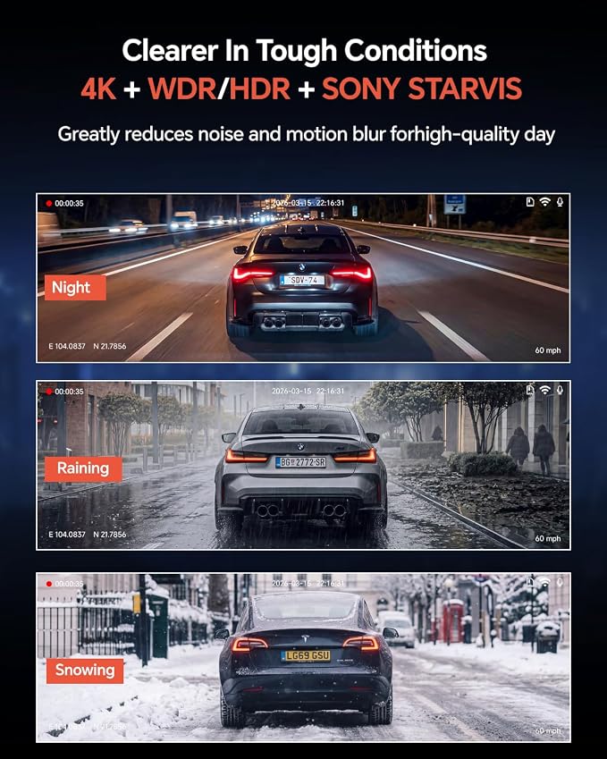 COOLCRAZY Dash Cam Front Rear - 4K STARVIS Sensor Dashcam,Free 64GB Card, Built-in 5G WiFi/GPS, Dual Dash Camera for Cars with 3" IPS Screen,HDR/WDR Night Vision, App Control, 24H Parking Mode
