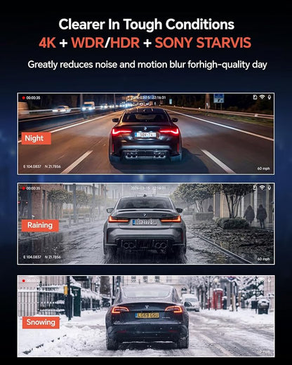 COOLCRAZY Dash Cam Front Rear - 4K STARVIS Sensor Dashcam,Free 64GB Card, Built-in 5G WiFi/GPS, Dual Dash Camera for Cars with 3" IPS Screen,HDR/WDR Night Vision, App Control, 24H Parking Mode