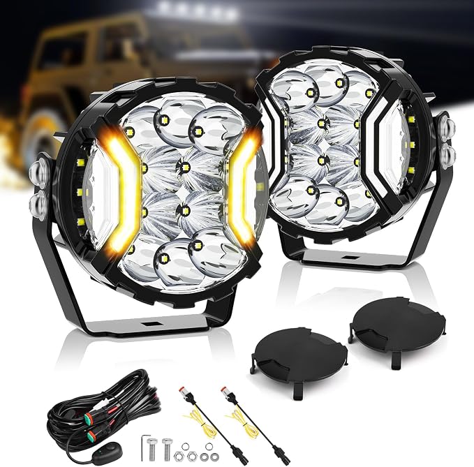 MICTUNING 5" Side Shooter Light Bar, 5Inch 180W Round Offroad Lights LED Pods 24163LM, Amber DRL & Spotlight Dual Color 270° Wider Off Road Lighting with Protective Covers, Pair