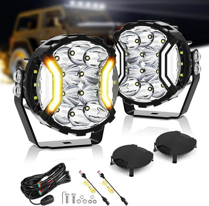 MICTUNING 5" Side Shooter Light Bar, 5Inch 180W Round Offroad Lights LED Pods 24163LM, Amber DRL & Spotlight Dual Color 270° Wider Off Road Lighting with Protective Covers, Pair