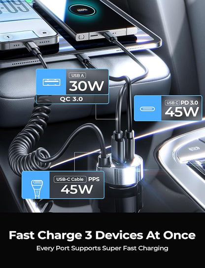 LISEN Car Charger with 45W Built-in USB-C 36 inch Coiled Cable, 90W Multi-Port Fast Charging Cigarette Lighter Adapter for iPhone 17/16/15 Pro Max, Samsung Galaxy S26 Ultra, Black | Car Charger USB C Fast Charge Adapter,Super Fast for Men Women, Car Ac...