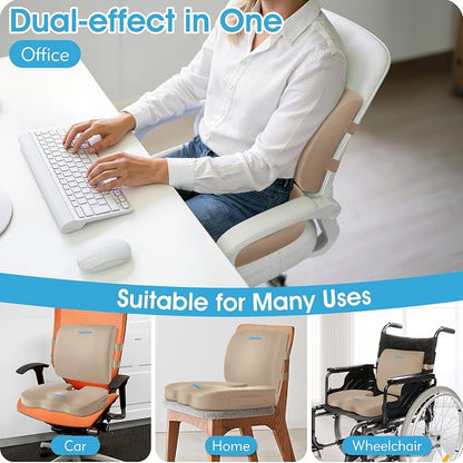 CushZone Ergonomic Seat Cushion & Lumbar Support Pillow - Memory Foam for Sciatica Pain Relief & Posture Correction, Non-Slip Chair Cushions for Office Chair/Car/Wheelchair/Travel, Khaki X-Large