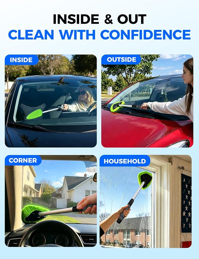 XINDELL Windshield Cleaner Tool – Car Interior Window Cleaning Kit with Extendable Handle & 4 Microfiber Pads, Auto Wiper Inside Windshield Brush for Car & Home Windows
