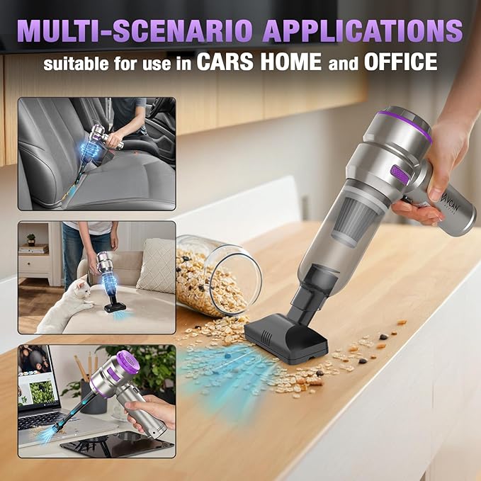 Car Vacuum Portable Cordless 18000PA High Power Mini Vacuum Cleaner Hand Vacuum Cordless Rechargeable, with with Brushless Motor for Car Detailing Keyboard Cleaner Home Cleaning(Purple)