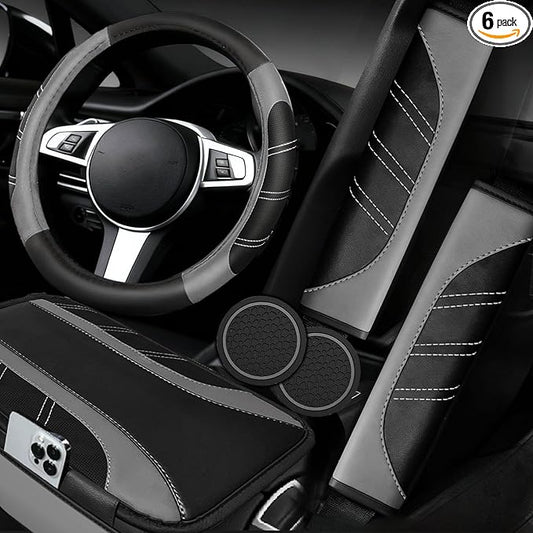 NBTEPEM 6 Pcs Grey Car Accessories Set, Sport Leather Steering Wheel Cover 14.5-15inch Universal, Microfiber Leather Car Center Console Cover, Seat Belt Cushion, Cup Holder Coaster (Black-Grey)