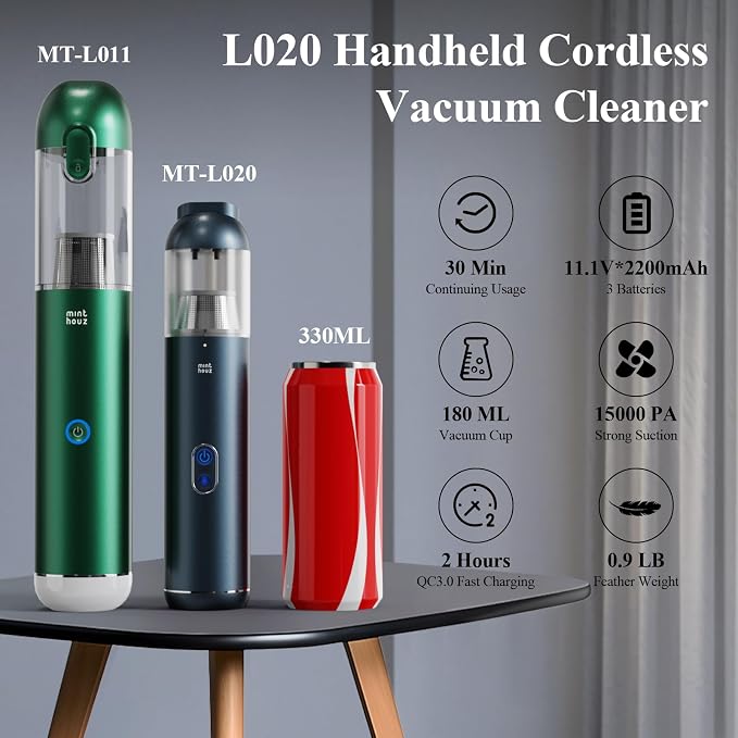 Mini Car Vacuum, 15000PA Strong Suction Cordless with LED Light, 2H Quick QC 3.0 Fast Charging Up to 30 Mins Runtime, Portable Small Vacuum for Car, Home, Office, Corners