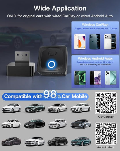 2026 Upgrade Wireless CarPlay Adapter/Android Auto Wireless Adapter, Plug & Play Fast Connection, One-Tap Disconnect, Wi-Fi 6 & Bluetooth 5.4, Support USB A/Type C, Mini Design- Carbon Black