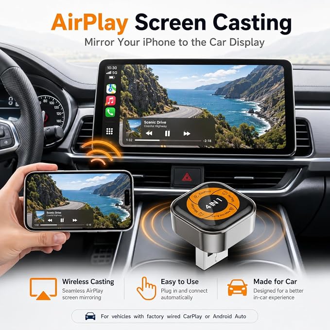 Wireless CarPlay Adapter with Android Auto, AirPlay & Miracast, 4-in-1 Wireless Adapter for Factory Wired CarPlay Cars, Screen Mirroring for iPhone & Android, Video Casting, Auto Connect