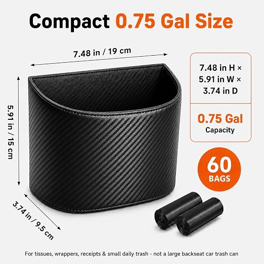 COZILO Leather Car Trash Can – Leakproof & Easy-to-Clean Car Garbage Can for Luxury Cars, SUVs & Trucks | Includes 60 Custom Liners, Secure Hook, Easy Install, Carbon Fiber