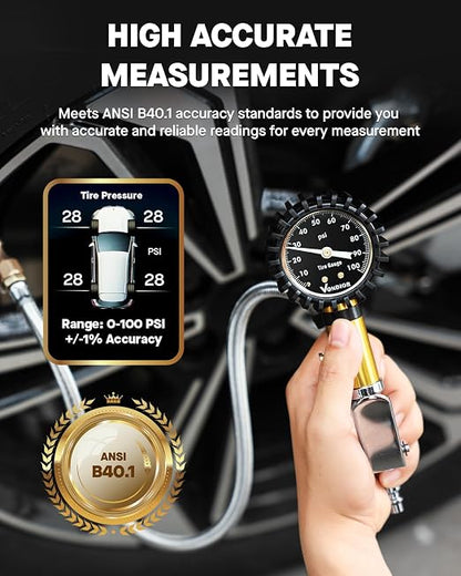 Vondior Tire Inflator with Pressure Gauge (0-100 PSI) with Large 2" Glow Dial- ANSI B40.1 Accurate, Premium Braided Hose, Durable Rubber Cover, Perfect for Car, Truck, Motorcycle, RV