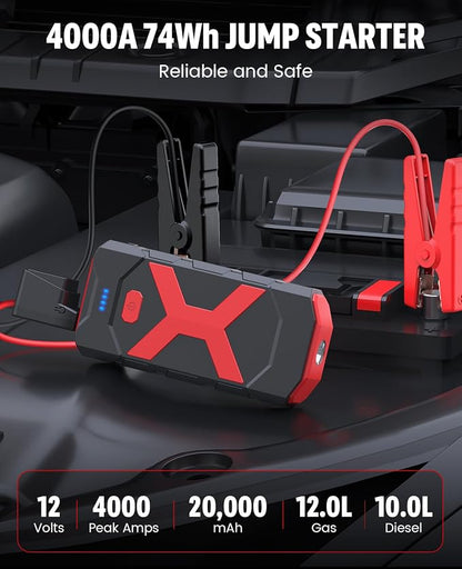 BOOKOO A9 Jump Starter 4000A for Car,Boat,Lawnmower 12L Gas&10L Diesel Engines Portable 12V Car Battery Jump Starter with Jumper Cables,Quick Charging USB Ports and USB C,3 LED Modes and Storage Box