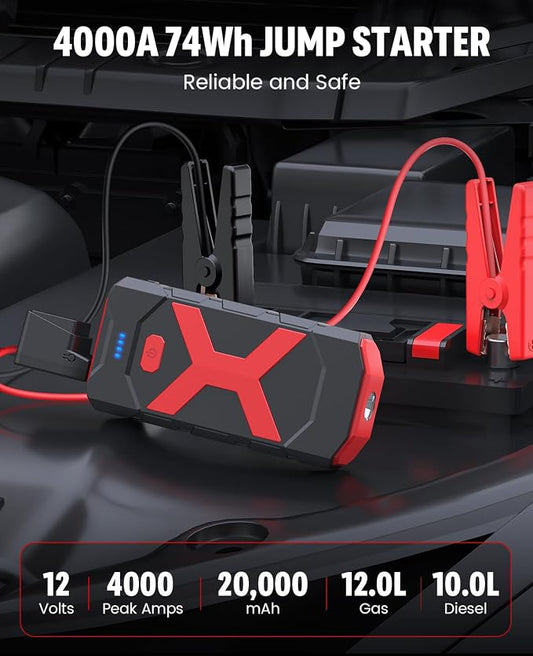 BOOKOO A9 Jump Starter 4000A for Car,Boat,Lawnmower 12L Gas&10L Diesel Engines Portable 12V Car Battery Jump Starter with Jumper Cables,Quick Charging USB Ports and USB C,3 LED Modes and Storage Box