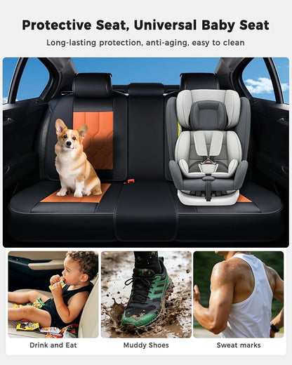 Huidasource Seat Covers Full Set, Universal Fit for Most Cars SUV Trucks, Full Coverage Leather Seat Cover, Airbag, Cupholder Compatible, Seat Function Retain, Easy Install with Velcro, Black&Orange