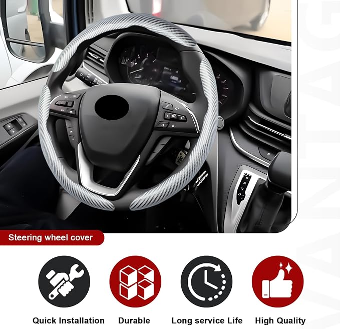 3pcs Universal Carbon Fiber Steering Wheel Cover - Anti-Slip & Segmented Design, Universal 99% Durable Steering Wheel Protector for Men and Women, Car Interior Accessory (White)