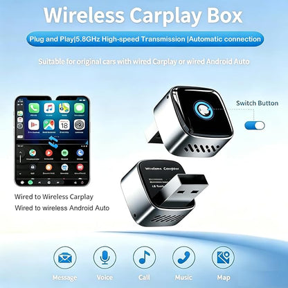 Ultra Mini Wireless CarPlay Adapter for iPhone& Android Auto, 2026 Upgraded 2-in-1 Wired to Wireless CarPlay Dongle,One-Click Switch for Two Phones, 5s Auto Reconnect, 5.8GHz WiFi+BT5.4,Silver