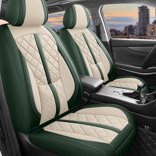 otoez Green Car Seat Covers Full Set, Universal Nappa Leather Seat Cover 5 Seat Waterproof & Breathable Automotive Seat Protector Full Coverage for Cars Sedens, Trucks, SUVs, Vans (White & Green)