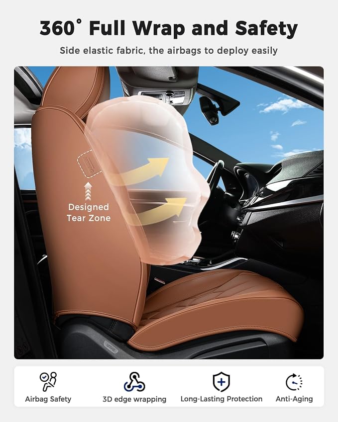 Huidasource Seat Covers Full Set, Universal Fit for Most Cars SUVs Trucks, Full Coverage Leather Automotive Seat Cover, Airbag, Cupholder Compatible, Seat Function Retain, Velcro Adjustable, Brown