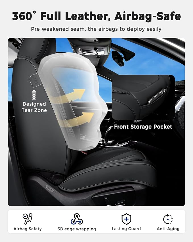 Huidasource Car Seat Covers Full Set Luxury Nappa Leather, Seat Cover with Velcro Adjustable, Airbag, Lumbar Support, Cooling and Heating, Car Seat Covers Universal Fit for Most Cars SUV Trucks, Black