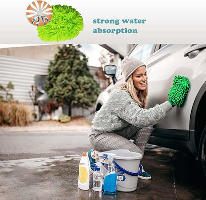 2 Pack Car Wash Mitt Microfiber Chenille Car Wash Mitt Scratch Free for Cars Cleaning,Home Cleaning Mitts(Green/Blue).