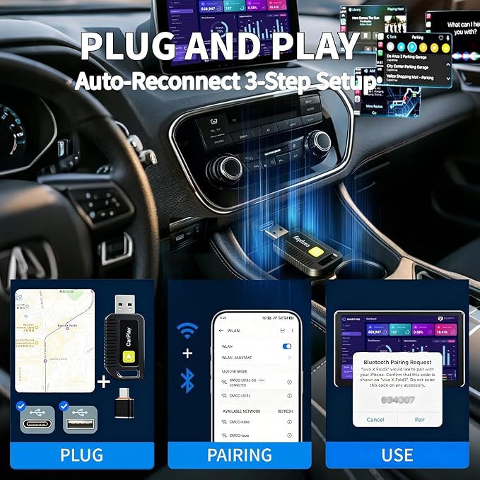 Wireless CarPlay Adapter for Apple iPhone Convert from Wired for Apple Carplay Wireless Adapter Automatic Connection,Plug & Play,No Screen Delay,Compatible with iOS 10+ Comes with USB-A/Type-C Port