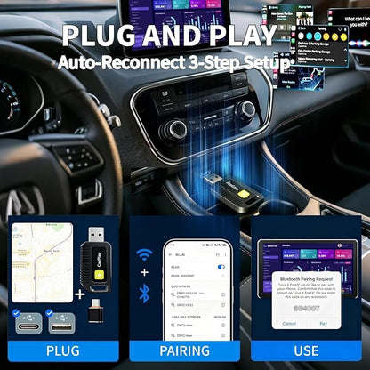 Wireless CarPlay Adapter for Apple iPhone Convert from Wired for Apple Carplay Wireless Adapter Automatic Connection,Plug & Play,No Screen Delay,Compatible with iOS 10+ Comes with USB-A/Type-C Port