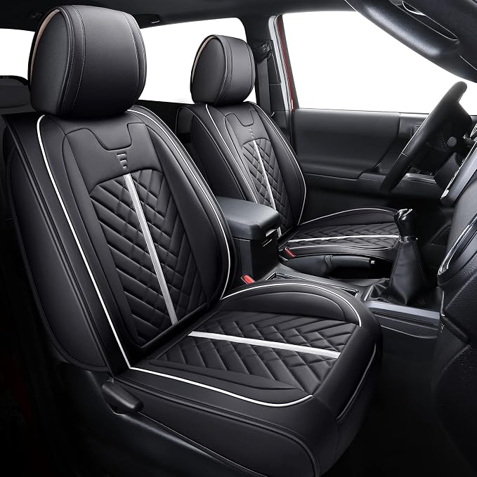 Tomatoman Tacoma Seat Covers Compatible with Toyota Tacoma 2005-2022 2023 2024 2025 2026 Truck Access Crew Double Cab TRD Offroad SR5 V6 Waterproof Faux Leather Car Cushions(Full Set/Black-White)