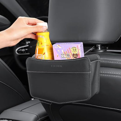 Car Trash Can Small Leather Vehicle Trash Bin Car Dustbin Garbage Organizer Holder with Trash Bag Foldable Mini Cars Storage Bag Container for Auto SUV Van Trucks (Black,Hanging Hook)