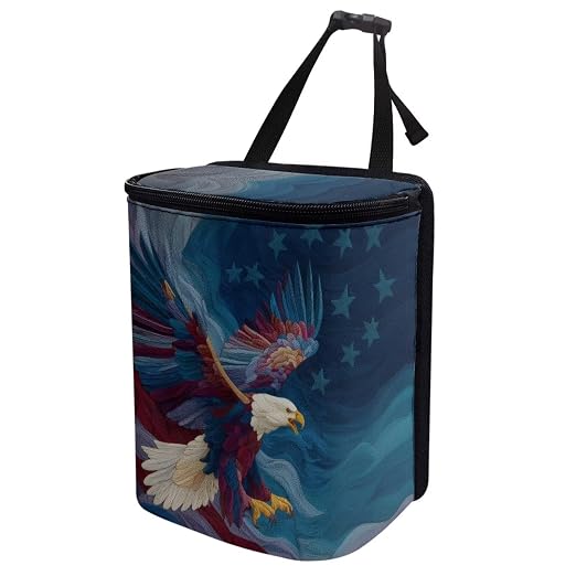 Talayituse Eagle American Flag Print Car Trash Bin, Large Size Auto Trash Can Adjustable Portable Garbage Can with Lid, Vehicle Hanging Bag for Headrest Front Back Seat 4th of July Decor