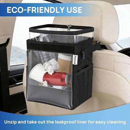 Ryhpez Car Trash Can with Clear Window, Multipurpose Car Organizer Storage for Baby Travel Essentials, Leakproof Car Garbage Bin with Removable Liner for Backseat Console (2.1Gallon/8L)
