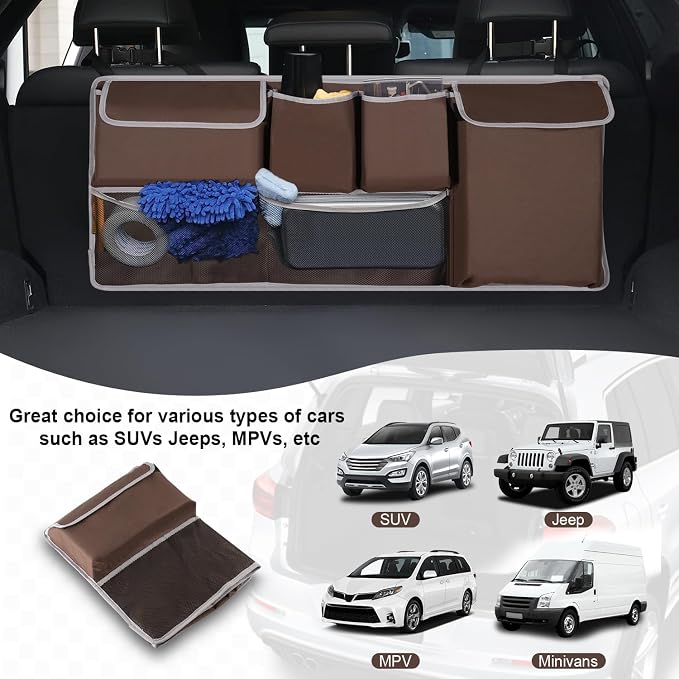 UYYE Trunk Hanging Organizer, Backseat Storage Bag, Collapsible Car Interior Accessories with 4 Pockets & 2 Mesh Pouches for Tools, Provide More Storage Trunk Space for SUV, Jeep, MPVs (Brown)