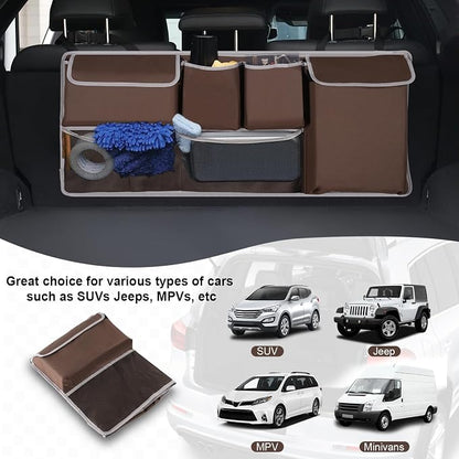 UYYE Trunk Hanging Organizer, Backseat Storage Bag, Collapsible Car Interior Accessories with 4 Pockets & 2 Mesh Pouches for Tools, Provide More Storage Trunk Space for SUV, Jeep, MPVs (Brown)