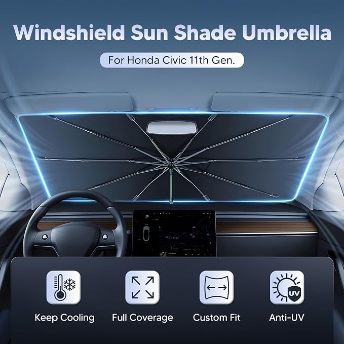 Autorder Windshield Sun Shade Umbrella for 2022-2025 2026 Honda Civic Accessories,Upgraded Ice Crystal Material,Easy Setup Umbrella Sunshade for Car Windshield,100% Sun Blocking