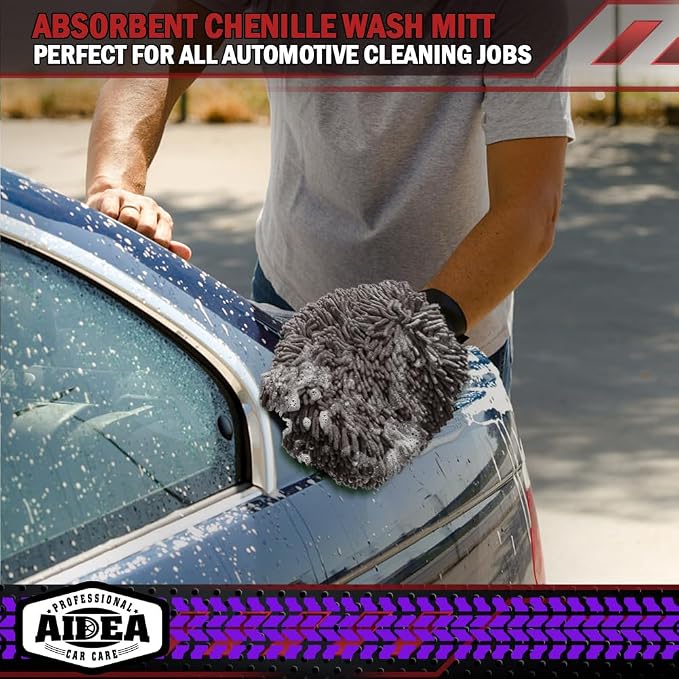 AIDEA Car Wash Mitt Microfiber-2Pack, Scratch-Free& Lint-Free, Premium Chenille Microfiber Wash Mitt-Grey Regular Size (7.12''X10.14'')