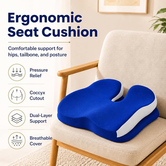 Memory Foam Seat Car Computer Desk Chair Cushion，Cushion For Tailbone Pain Relief Cushion Office Chair Butt Pillow Seat Cushions For Office Chairs Wheelchair Cushion For Long Sitting Back Pain Blue