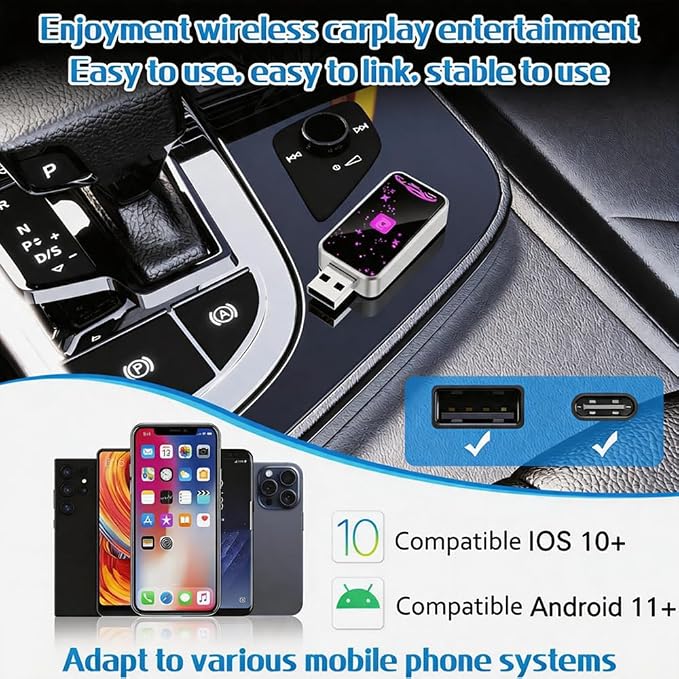 Mini Wireless Carplay Adapter for Apple for iPhone, 2026 Upgraded Convert Wired to Wireless Car Play Adapter,Fast Auto-Connect & No Latency Dongle,Plug & Play, USB A/C Included for iOS
