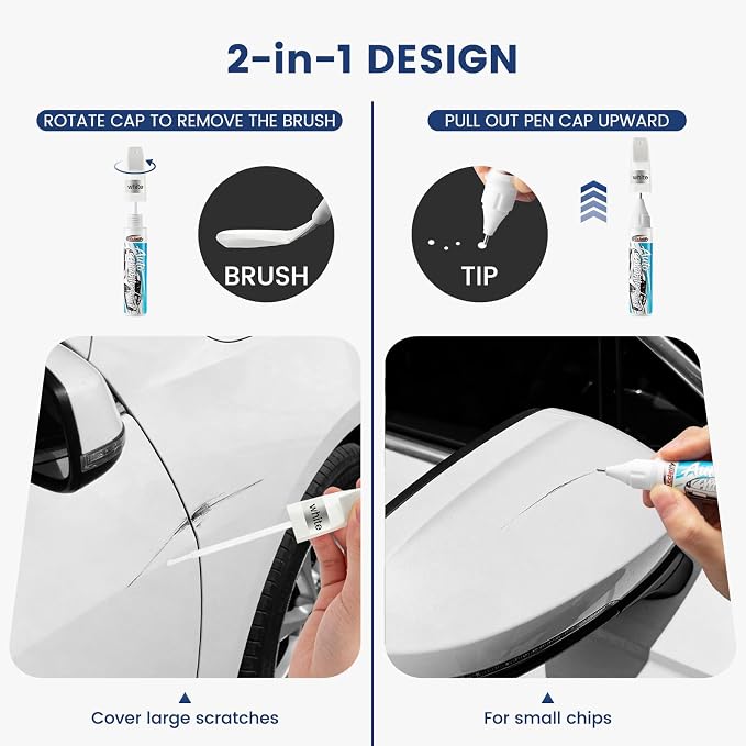 White Car Touch Up Paint Pen 2pcs with Clear Coat Pen, Long-Lasting Waterproof UV-Resistant Auto Scratch Repair Remover, Quick & Easy Fix for Car SUV Truck Motorcycle, Repair Chip Rim Scuff
