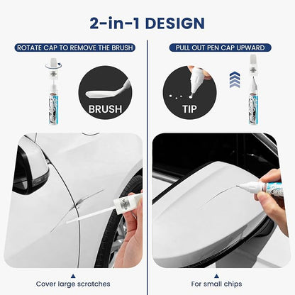 White Car Touch Up Paint Pen 2pcs with Clear Coat Pen, Long-Lasting Waterproof UV-Resistant Auto Scratch Repair Remover, Quick & Easy Fix for Car SUV Truck Motorcycle, Repair Chip Rim Scuff