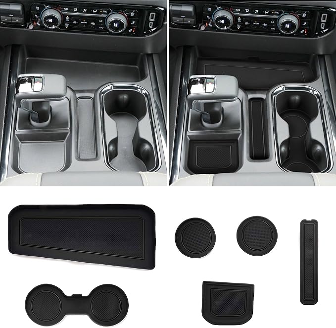 for 6PCS Refreshed Models 2022-2026 Silverado/Sierra 1500 & 2024-2026 Sierra 2500 3500 Console Liners-[3D High-Edge Liquid Silicone] Cup Holder Mats,Full Console w/Bucket Seats ONLY - Black