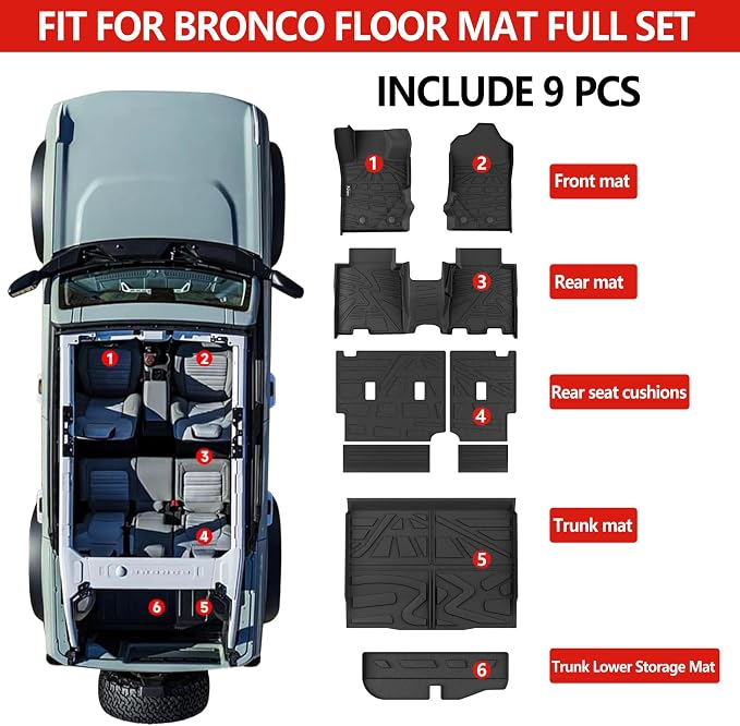 KARPAL Floor Mats for 2021-2025 2026 Ford Bronco 4 Door (Not fit Sport), Custom Fit TPE All Weather Ford Bronco Accessories 1st&2nd Row Floor Liner & Cargo Liner Backrest Mat