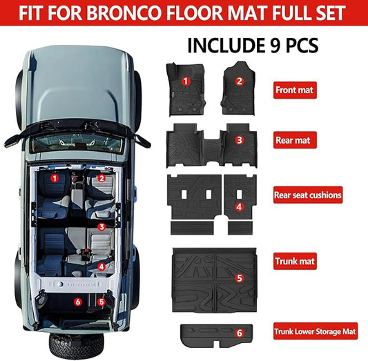KARPAL Floor Mats for 2021-2025 2026 Ford Bronco 4 Door (Not fit Sport), Custom Fit TPE All Weather Ford Bronco Accessories 1st&2nd Row Floor Liner & Cargo Liner Backrest Mat