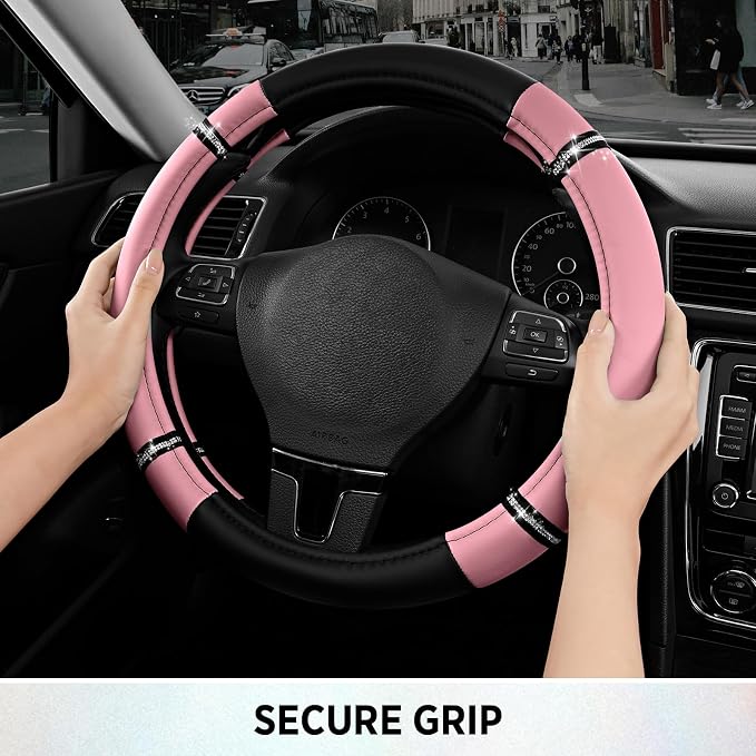 Road Comfort Leather Steering Wheel Cover – Premium Anti-Slip Car Steering Wheel Grip Cover – Universal Fit for 14.5”–15” Cars, Trucks & SUVs - Pink