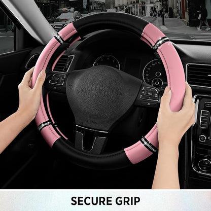 Road Comfort Leather Steering Wheel Cover – Premium Anti-Slip Car Steering Wheel Grip Cover – Universal Fit for 14.5”–15” Cars, Trucks & SUVs - Pink
