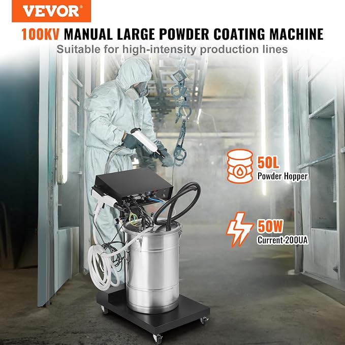 VEVOR Powder Coating System, 50W 100KV Electrostatic Output Machine with 50L Powder Hopper, 450g Per Minute Kit with Spray Gun and Trolley Base, Indoor and Outdoor